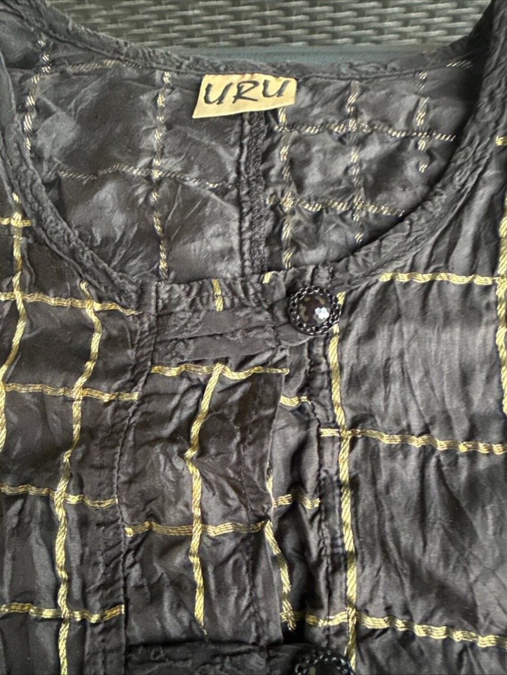 URU Black and Gold Silk Tunic Top Dress Button Front Lightweight Long Sleeves - Picture 6 of 15